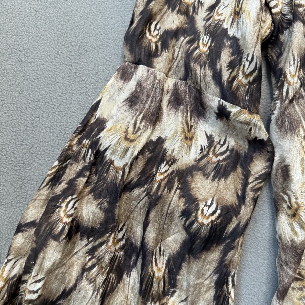 Mango MNG Suit Blouse Womens 8 Large Brown Silk Balloon Sleeve Peacock‎ Feather - Picture 6 of 15
